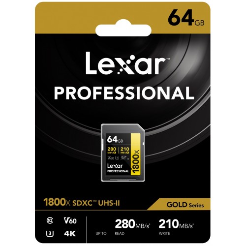 Lexar 64GB Professional Gold Seri 1800x SDXC UHS-II V60 U3 C10